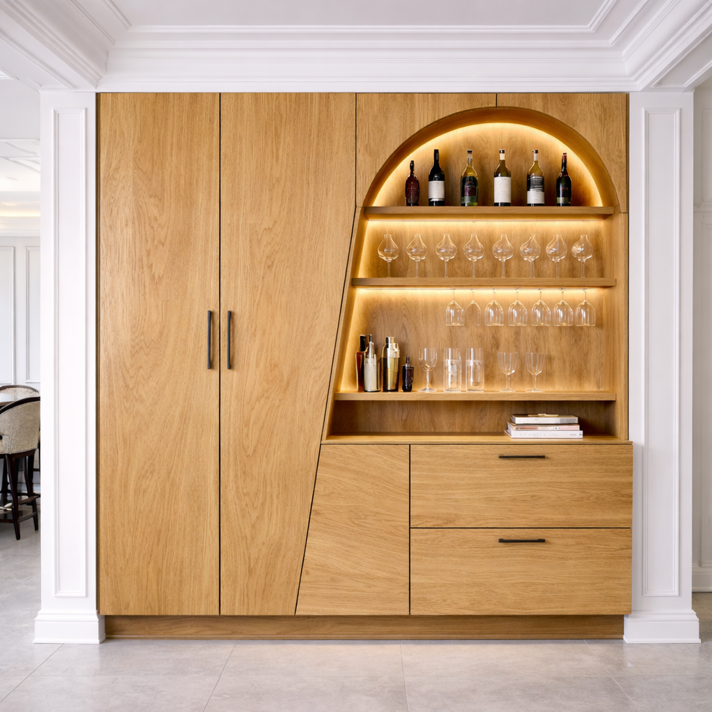 Luxury Solid Wood Bar Cabinet with LED Display Shelves & Storage – Modern Home Bar Unit