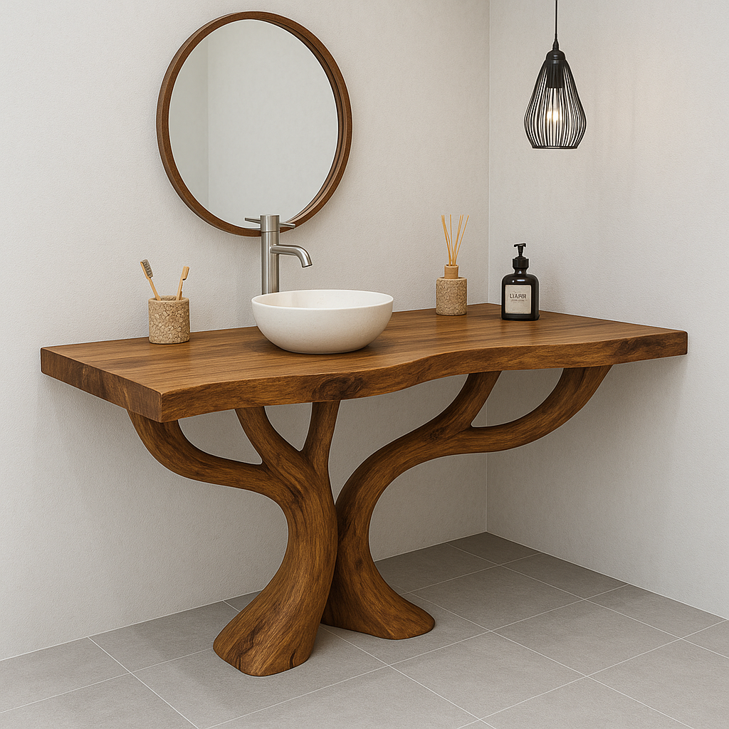 Handcrafted Solid Wood Bathroom Vanity – Sculptural Double Branch Base, Organic Modern Design Kitchnce