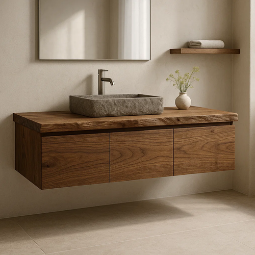 Handcrafted Solid Wood Floating Vanity - 3-Drawer Live Edge Walnut for Vessel Sink Kitchnce