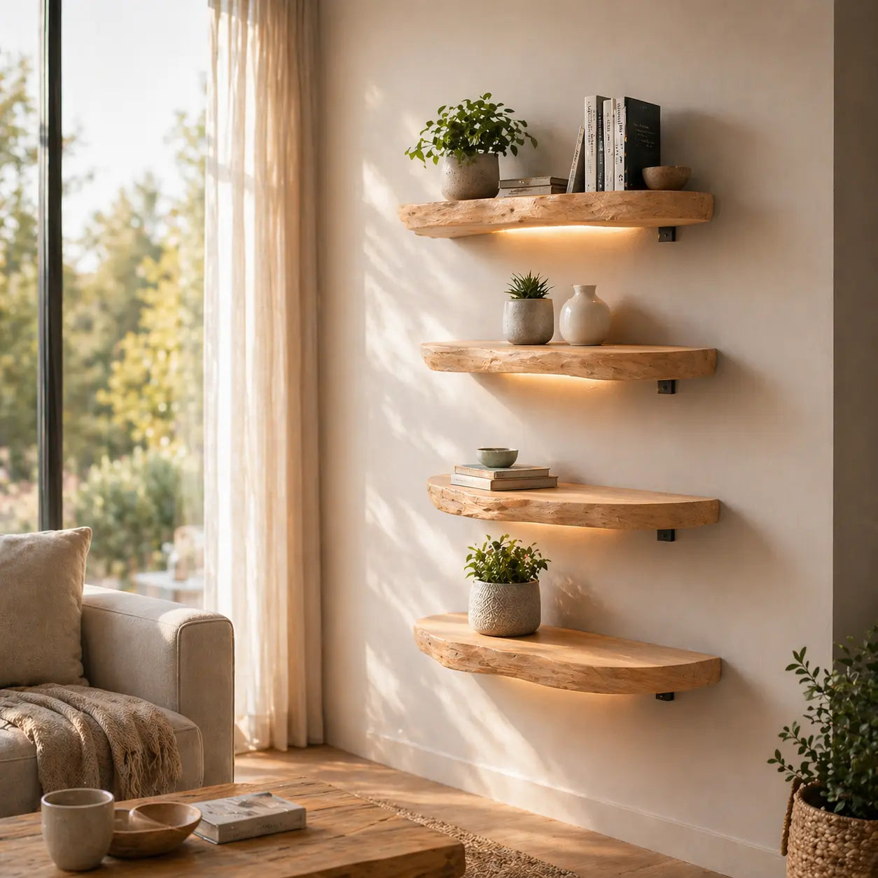 Solid Wood Floating Wall Shelf Rustic Live Edge Wall Mounted Shelf for Decor Kitchnce