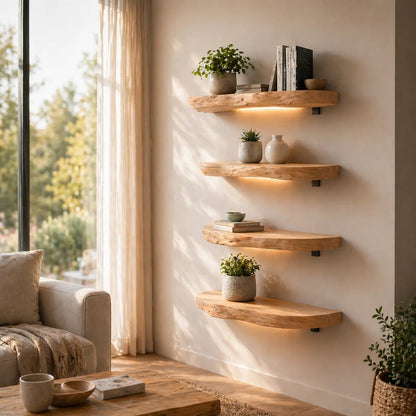 Solid Wood Floating Wall Shelf Rustic Live Edge Wall Mounted Shelf for Decor Kitchnce