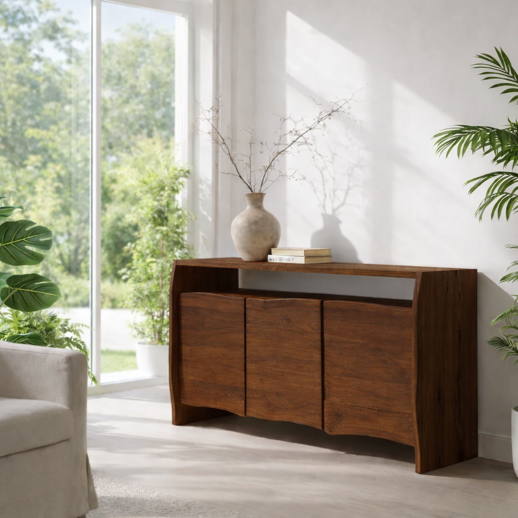 Solid Wood Curved Sideboard Cabinet with Doors