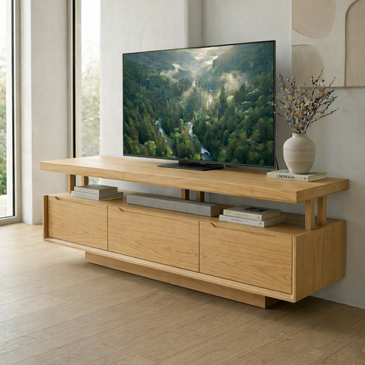 Solid Wood Floating Media Console – Modern TV Stand with Open Shelf Storage