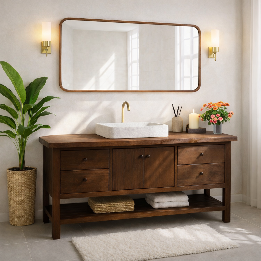 Rustic Bathroom Vanity with Open Shelves and Elegant Brass Faucet Kitchnce