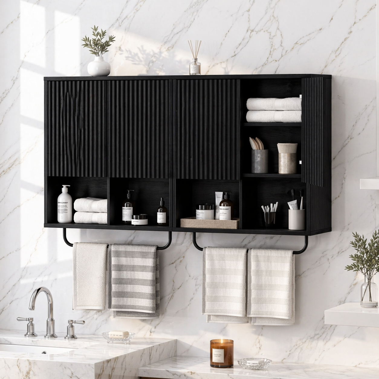 Floating Bathroom Cabinet, Modern Slatted Wall Mounted Vanity Storage Towel Bars