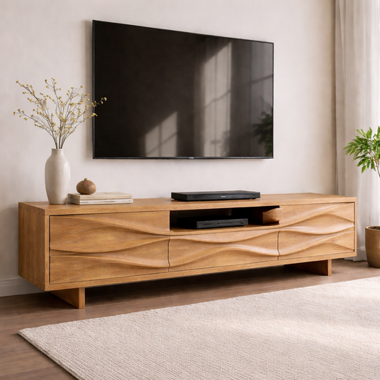 Solid Wood TV Console with Wave Front Design and Media Storage