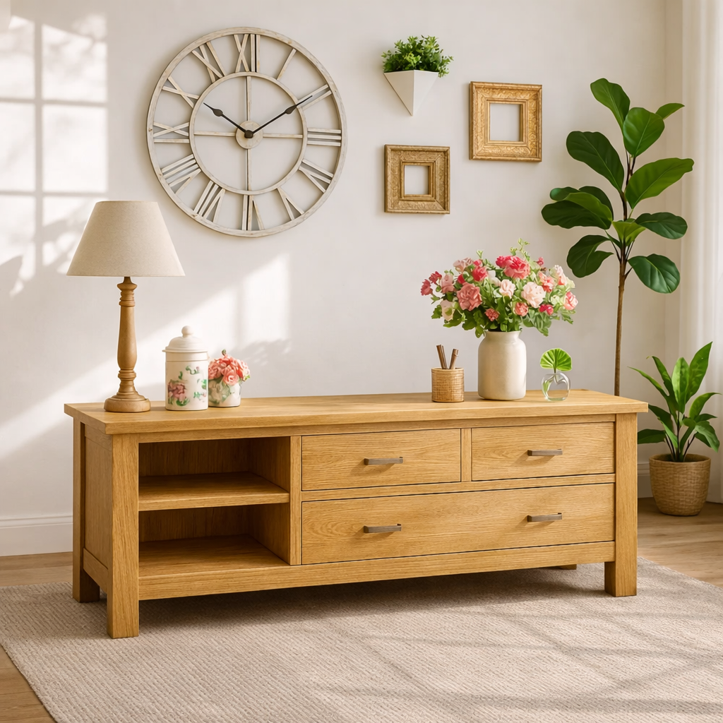 Solid Wood Console Table with Drawers, Farmhouse Wood Media Cabinet with Storage Kitchnce