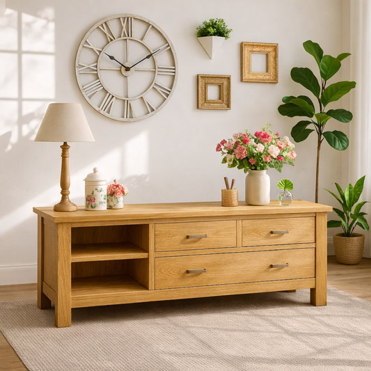 Solid Wood Console Table with Drawers, Farmhouse Wood Media Cabinet with Storage Kitchnce