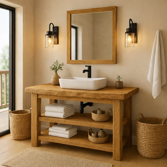 Rustic Solid Wood Bathroom Vanity with Vessel Sink and Open Storage Kitchnce