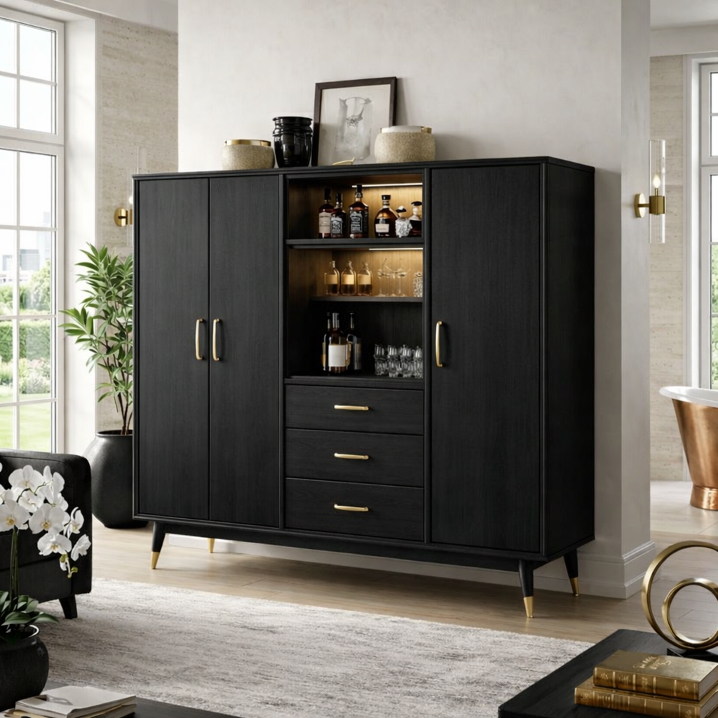 Contemporary Wooden Bar Cabinet, Entertaining Storage Sideboard with Glassware Display