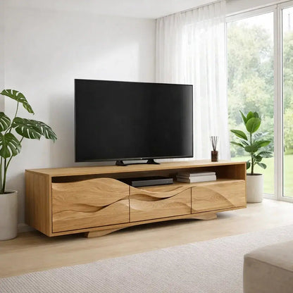 Solid Wood TV Cabinet with Wave Design – Modern Walnut Media Console Kitchnce