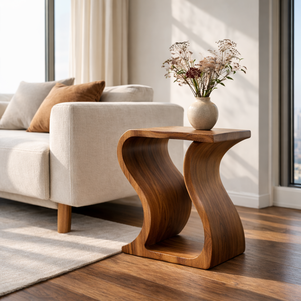 Modern Solid Wood End Table – Sculptural Curved Wooden Side Table for Living Room Kitchnce