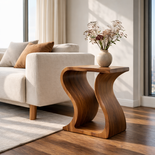 Modern Solid Wood End Table – Sculptural Curved Wooden Side Table for Living Room Kitchnce