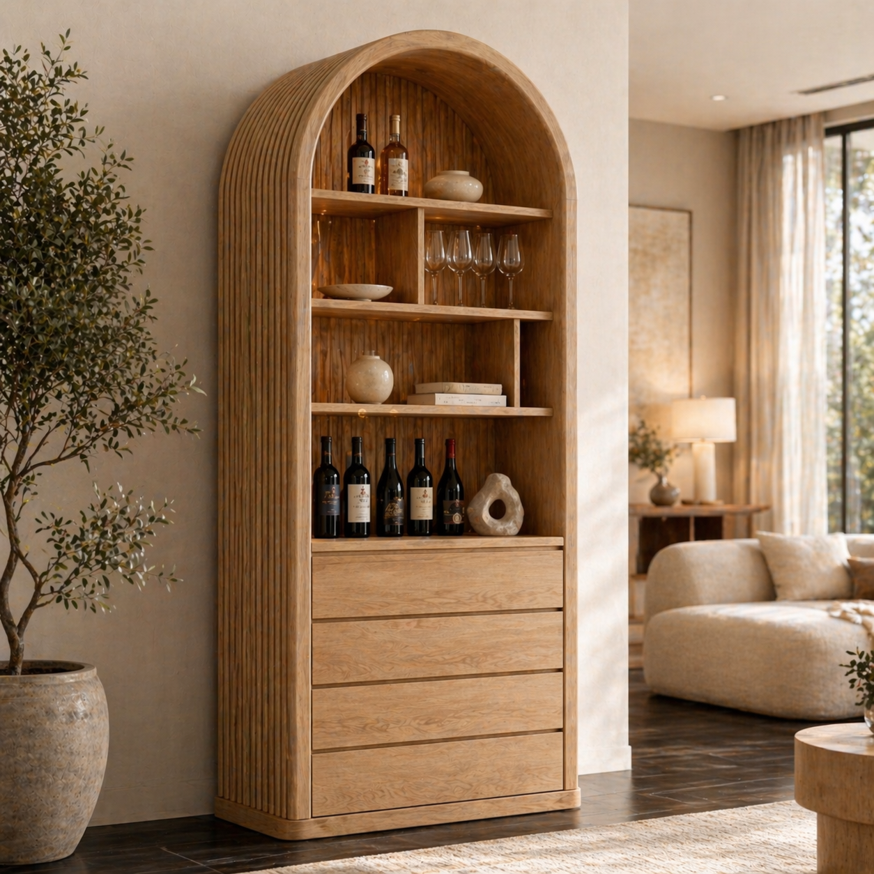 Arched Wine Cabinet Tall Bar Storage Glass Display Shelves Drawer Organizer