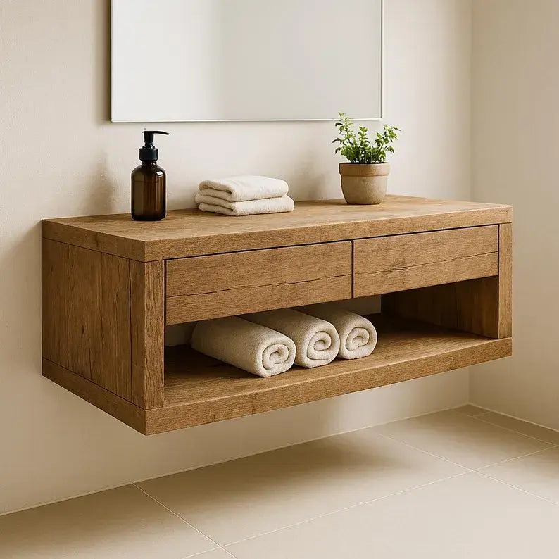 Handcrafted Solid Wood Floating Vanity – Rustic Oak Wall-Mounted Bathroom Cabinet with Drawers and Shelf Kitchnce