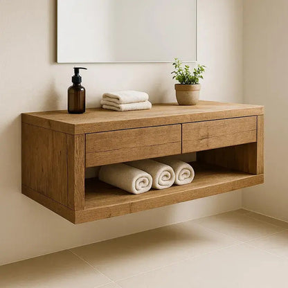 Handcrafted Solid Wood Floating Vanity – Rustic Oak Wall-Mounted Bathroom Cabinet with Drawers and Shelf Kitchnce