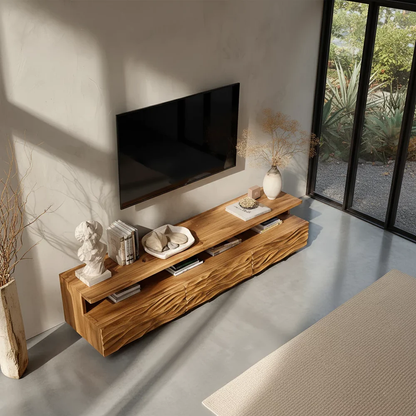 Solid Wood TV Stand Modern Oak Media Console with Carved Wave Doors and Storage