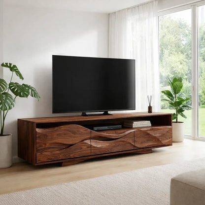 Solid Wood TV Cabinet with Wave Design – Modern Walnut Media Console Kitchnce