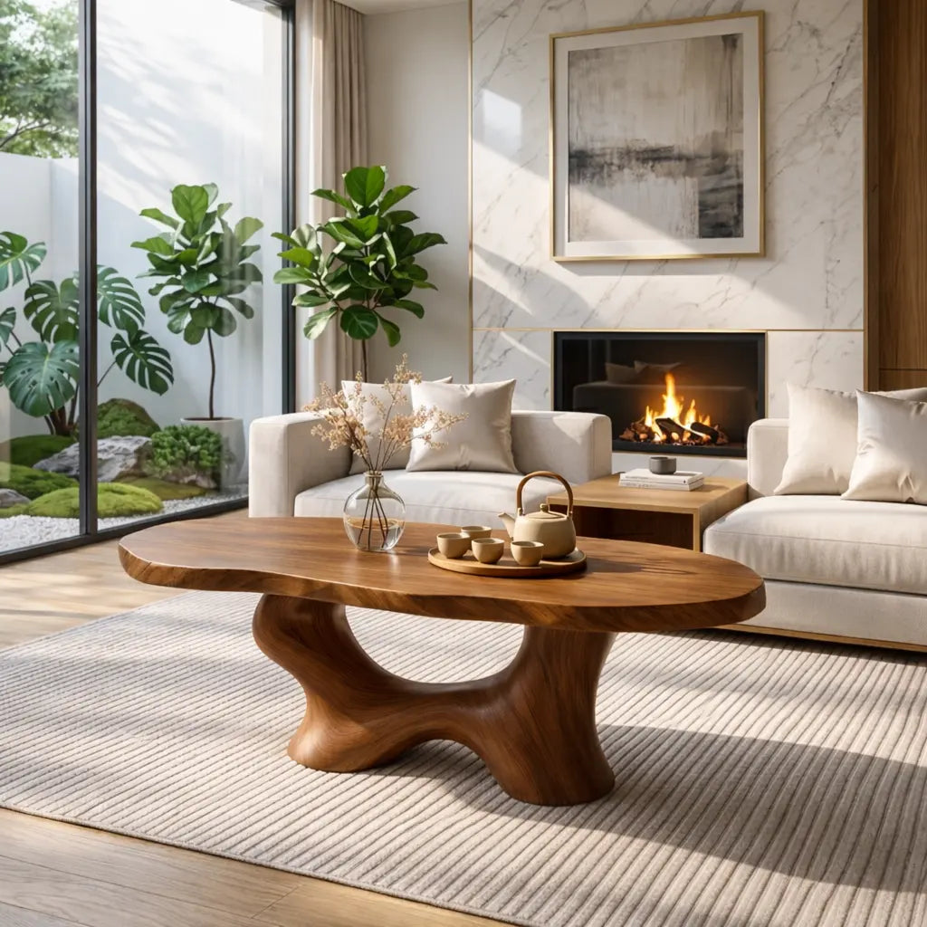 Modern Handcrafted Coffee Table, Sculptural Wooden Design with Elegant Curves Kitchnce