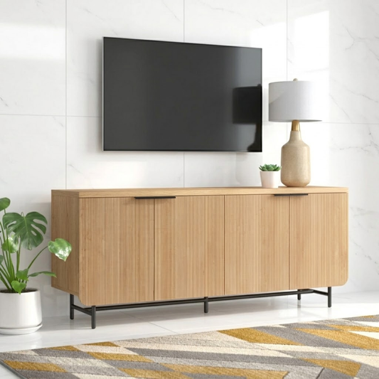 Modern Solid Wood TV Stand Fluted Front Media Console with Metal Base Storage Unit