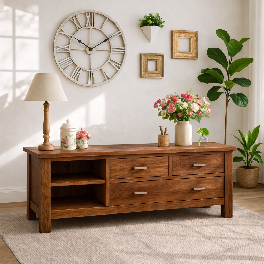 Solid Wood Console Table with Drawers, Farmhouse Wood Media Cabinet with Storage Kitchnce