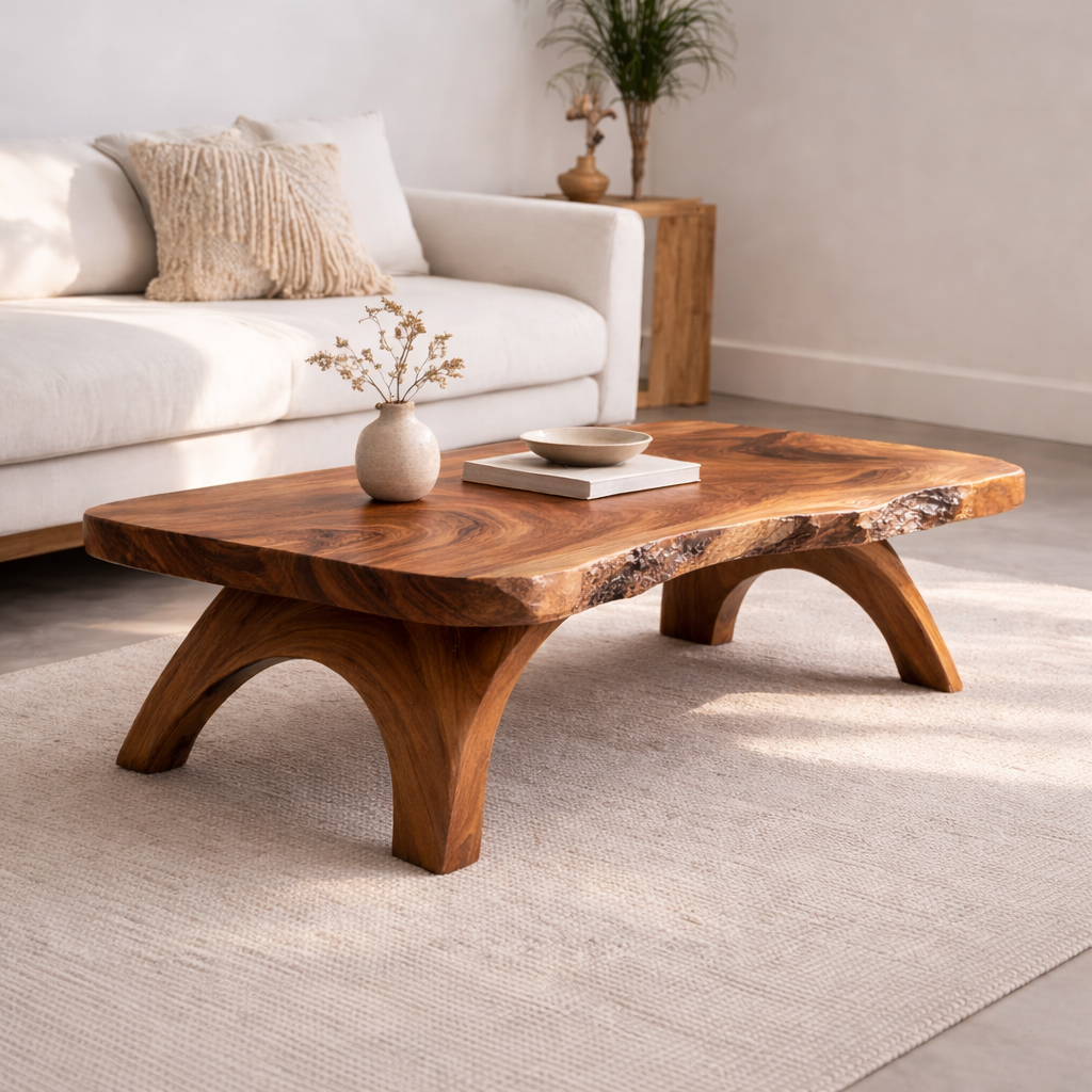 Live Edge Solid Wood Coffee Table with Sculpted Wooden Legs – Rustic Modern Center Table