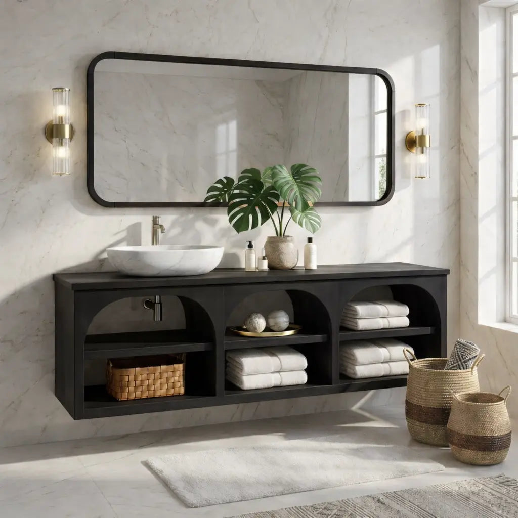 Floating Vanity with Natural Wood and Marble Sink, Open Shelf Storage Kitchnce