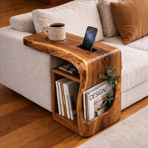 Solid Wood Sofa Armrest Table with Phone Holder – Couch Arm Tray with Storage Kitchnce