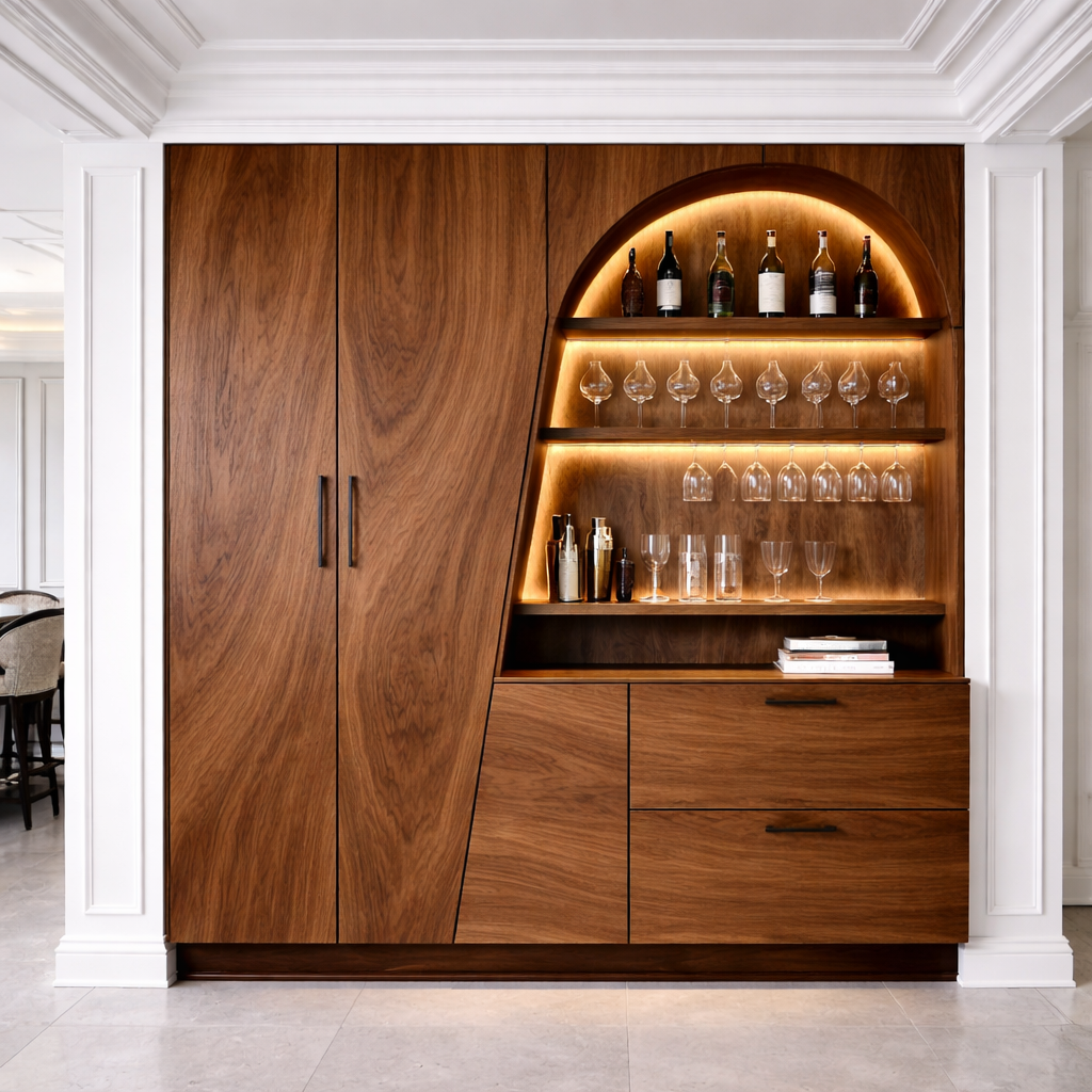 Luxury Solid Wood Bar Cabinet with LED Display Shelves & Storage – Modern Home Bar Unit