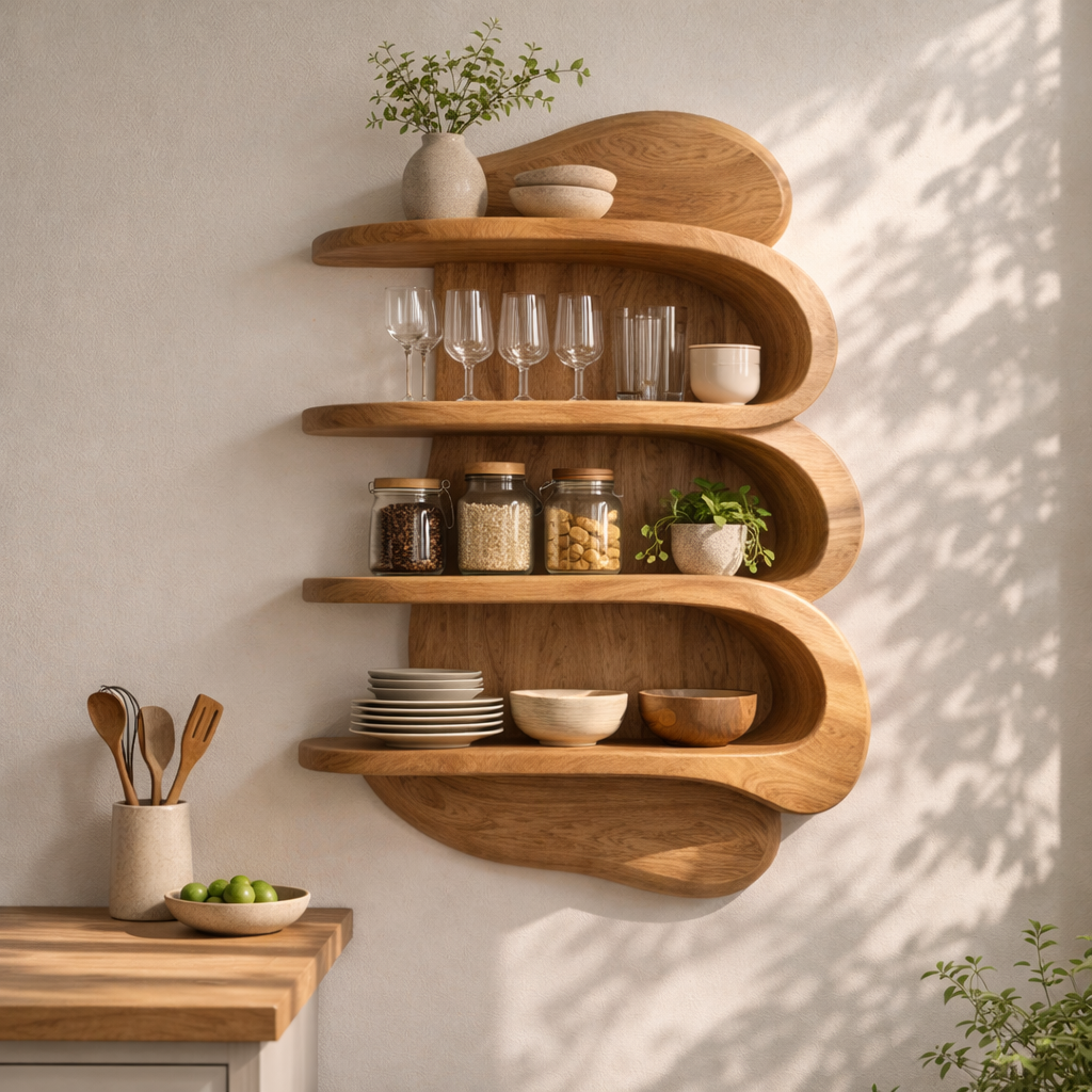 Curved Solid Wood Kitchen Cabinet Shelf – Floating Wall Storage with Organic Design
