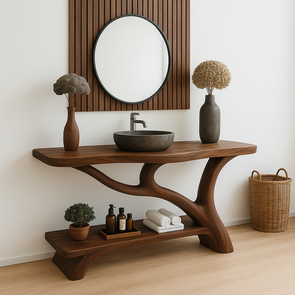 Handcrafted Solid Wood Bathroom Vanity – Organic Sculptural Design with Open Shelf Storage Kitchnce