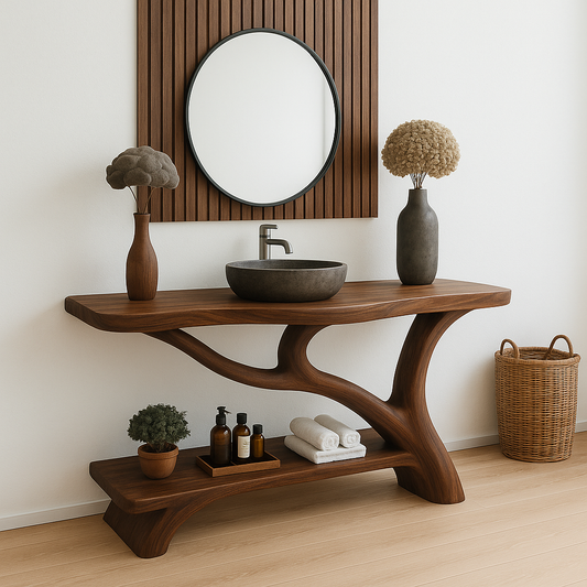 Handcrafted Solid Wood Bathroom Vanity – Organic Sculptural Design with Open Shelf Storage Kitchnce