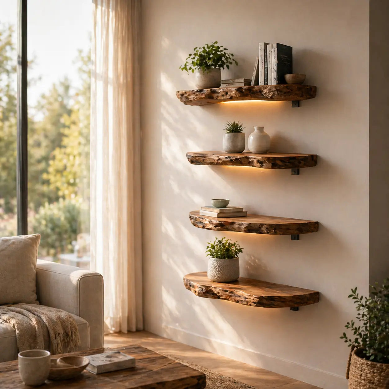 Solid Wood Floating Wall Shelf Rustic Live Edge Wall Mounted Shelf for Decor Kitchnce
