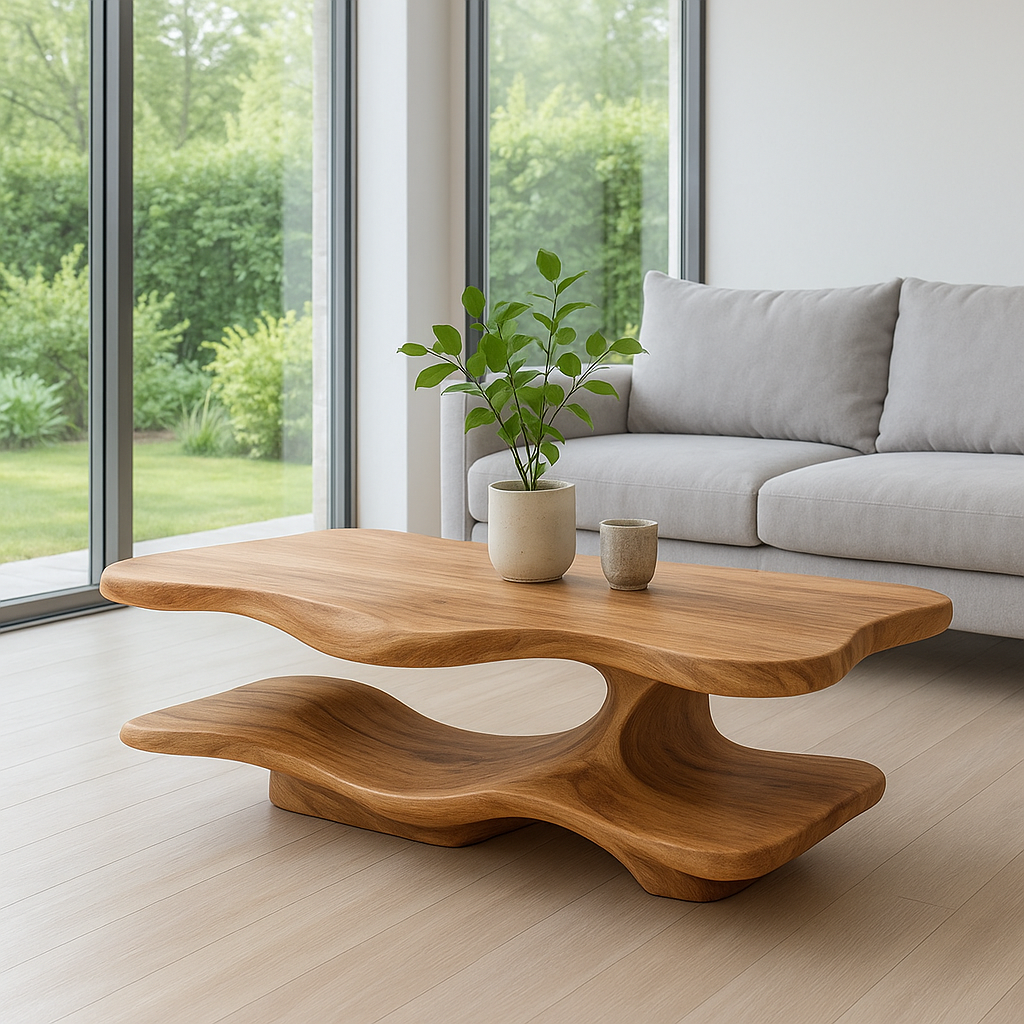 Solid Wood Coffee Table with Sculptural Curved Base and Organic Shape for Living Room Kitchnce