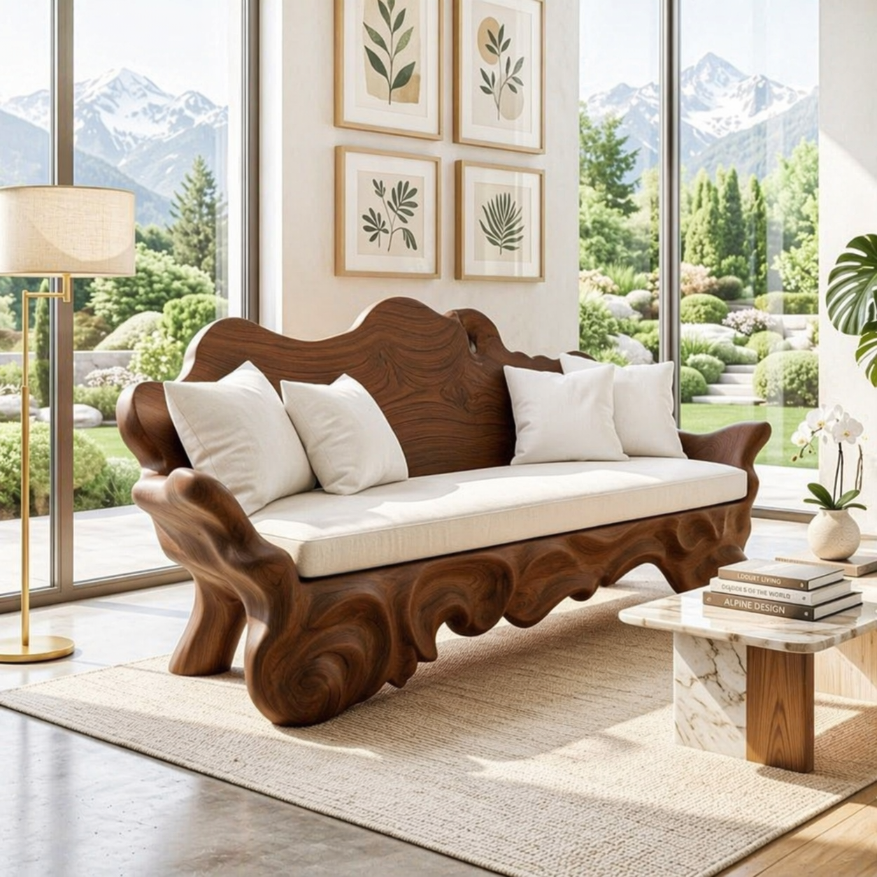 Organic Sculptural Wooden Sofa, Luxury Curved Statement Couch with White Cushions
