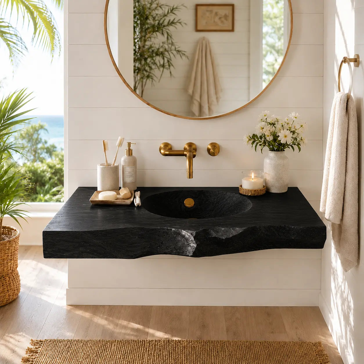 Live Edge Wood Sink Vanity | Solid Wood Floating Vanity with Carved Sink Kitchnce