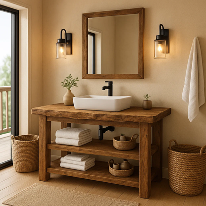 Rustic Solid Wood Bathroom Vanity with Vessel Sink and Open Storage Kitchnce
