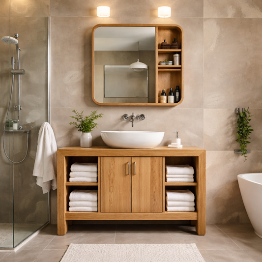 Modern Solid Wood Bathroom Vanity Cabinet with Open Shelves & Double Doors