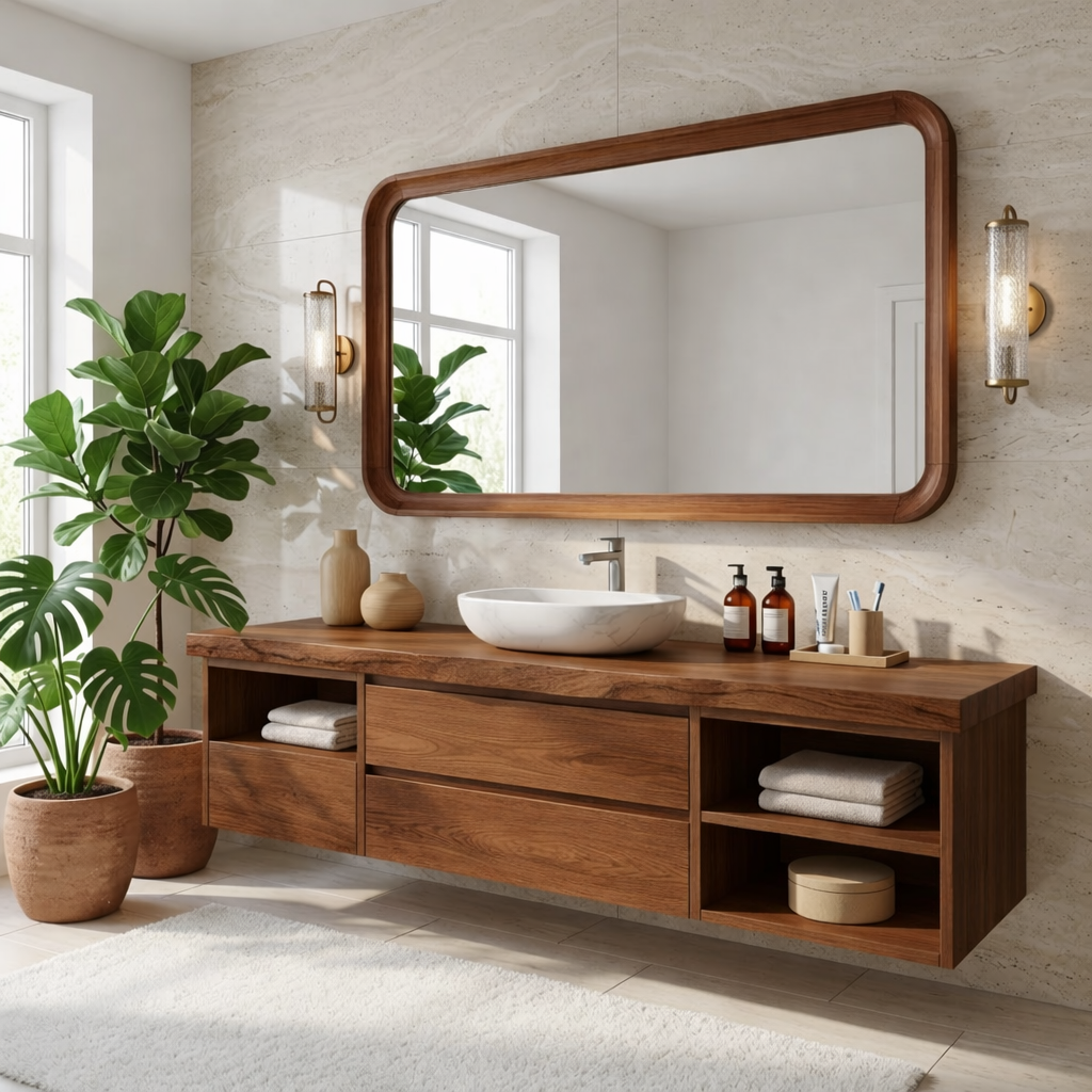 Elegant Floating Vanity with Natural Wood Finish, Wall-Mounted Modern Bathroom Storage Kitchnce