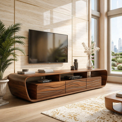 Modern Wave Front TV Console, Sculptural Entertainment Stand for Luxury Interiors
