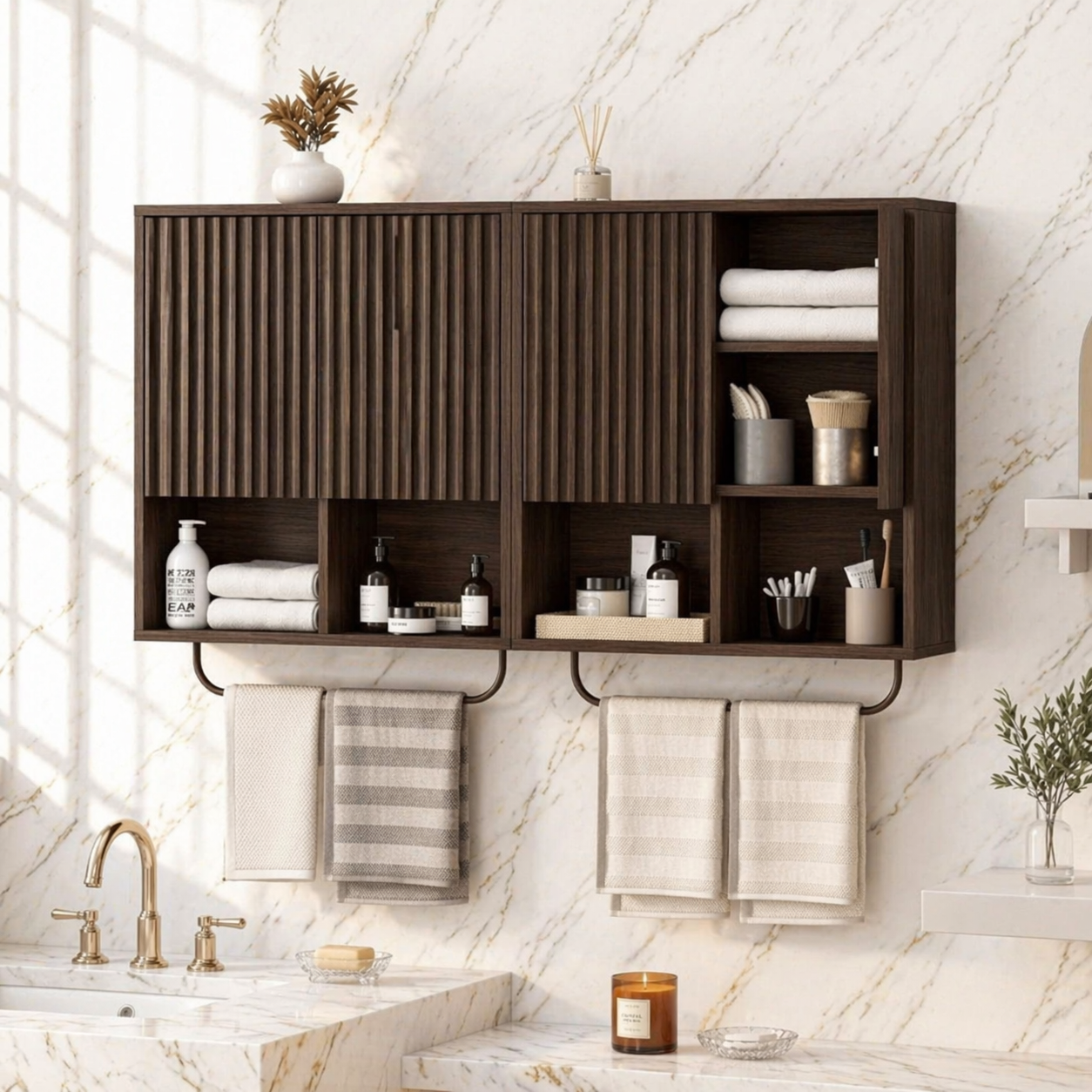 Floating Bathroom Cabinet, Modern Slatted Wall Mounted Vanity Storage Towel Bars