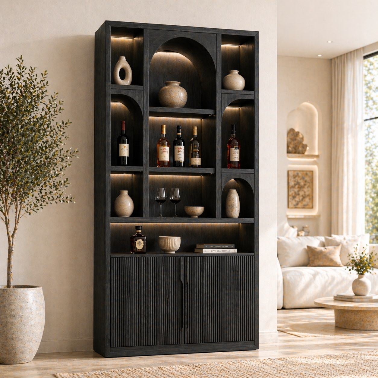 Tall Wine Cabinet Bar Display Storage Shelves Freestanding Home Entertaining Cabinet