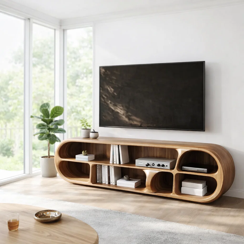 Solid Wood TV Console with Curved Design – Modern Media Unit with Open Storage