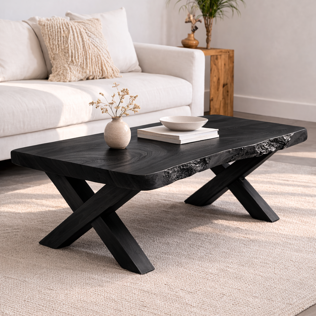 Live Edge Solid Wood Coffee Table with X-Frame Legs – Rustic Modern Living Room Table