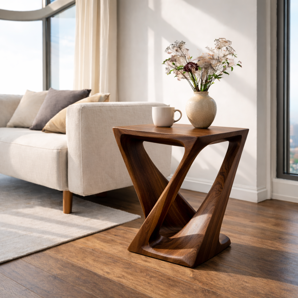 Modern Solid Wood End Table – Sculptural Wooden Side Table for Living Room Kitchnce