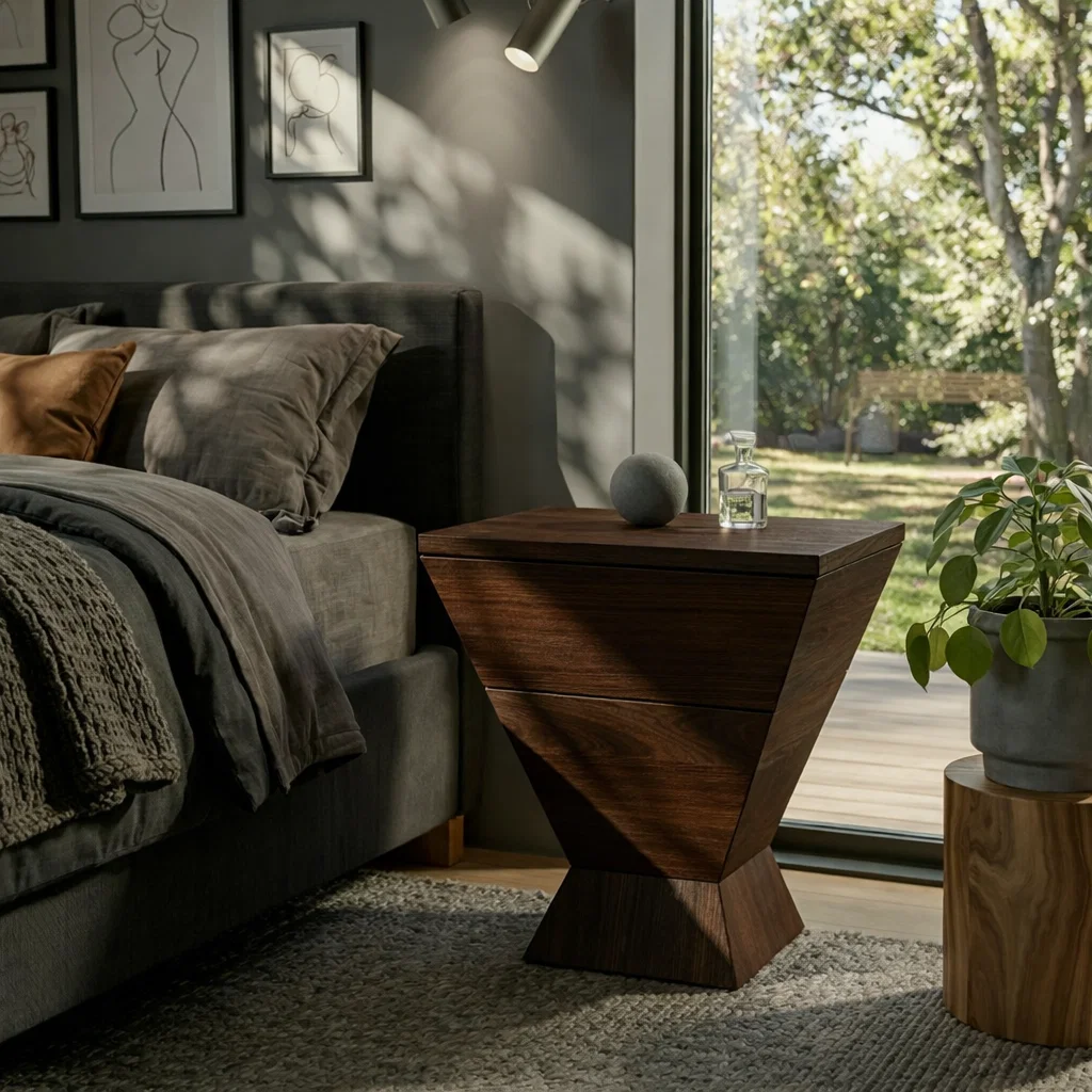 Modern Geometric Solid Wood Nightstand with Drawer – Minimalist Bedside Table