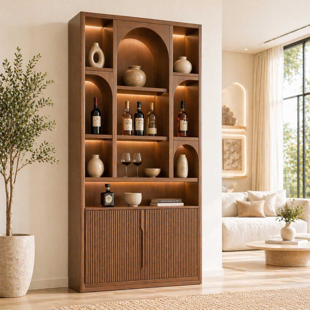 Tall Wine Cabinet Bar Display Storage Shelves Freestanding Home Entertaining Cabinet
