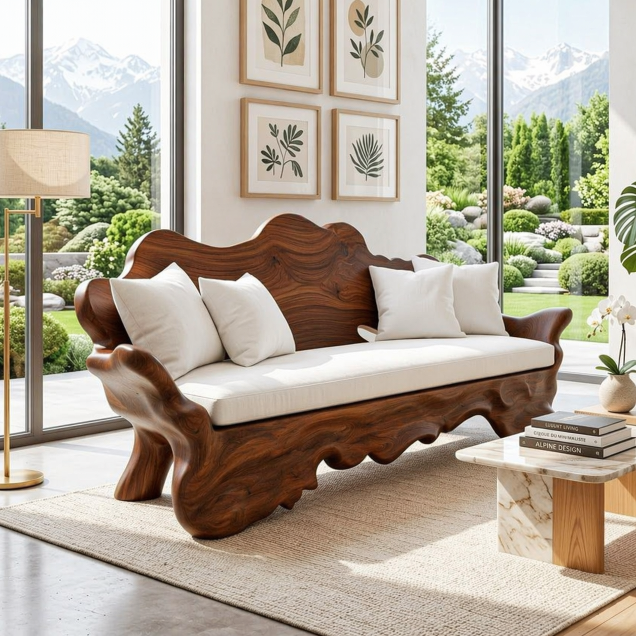 Organic Sculptural Wooden Sofa, Luxury Curved Statement Couch with White Cushions