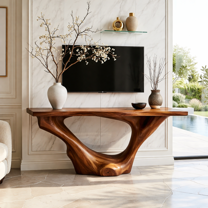 Solid Wood Console Table with Sculpted Curved Base, Modern Minimalist Design