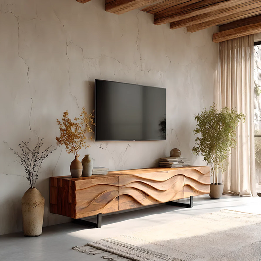 Solid Wood TV Stand Modern Floating Media Console with Sculpted Wave Front